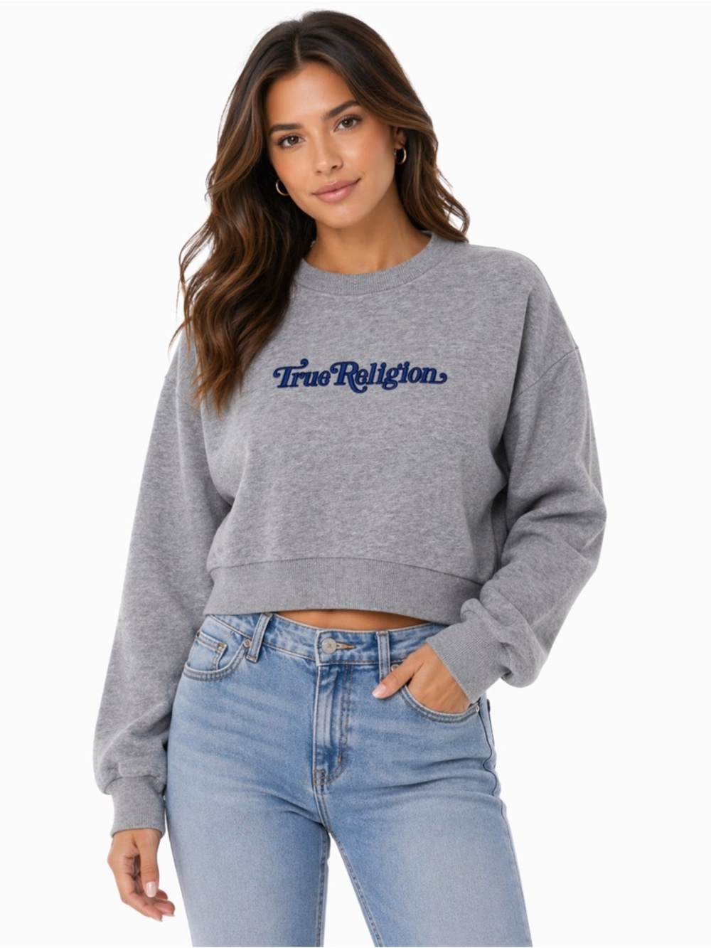 True Religion Heather Gray Cropped Sweatshirt with Navy Logo